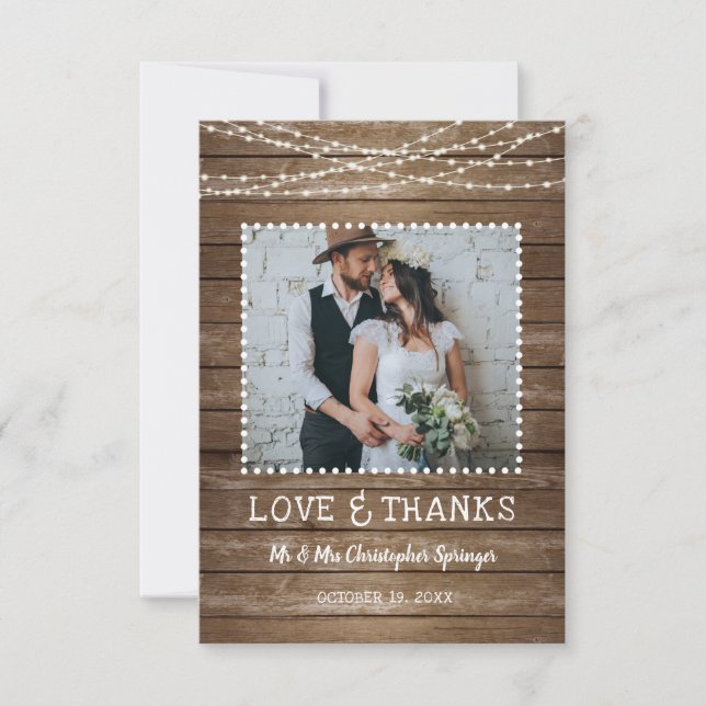 Wedding Rustic Wood LOVE & THANKS String Lights Thank You Card (Front)