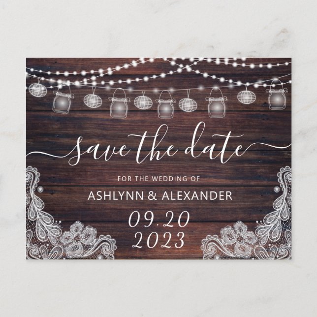 Wedding Rustic Wood Mason Jar Lights SAVE THE DATE Postcard (Front)
