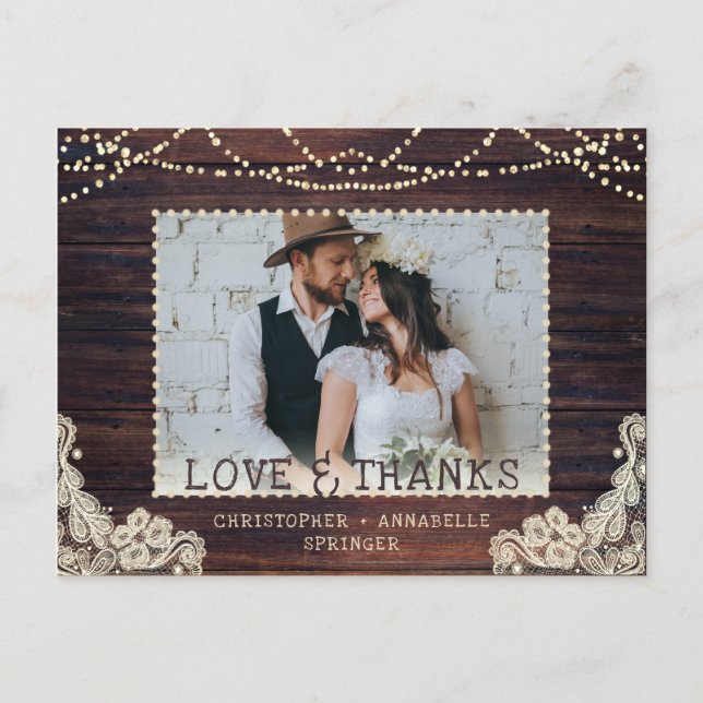 Wedding Rustic Wood String Lights Photo Thank You Postcard (Front)