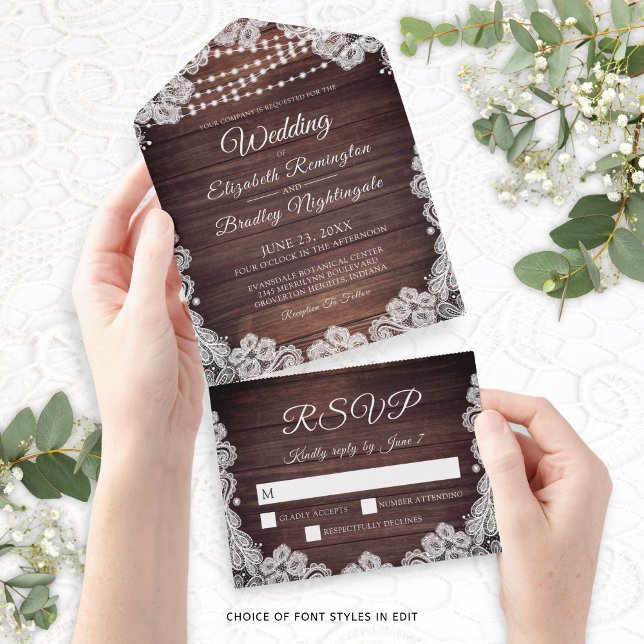 Wedding Rustic Wood String Lights White Lace All In One Invitation (Creator Uploaded)