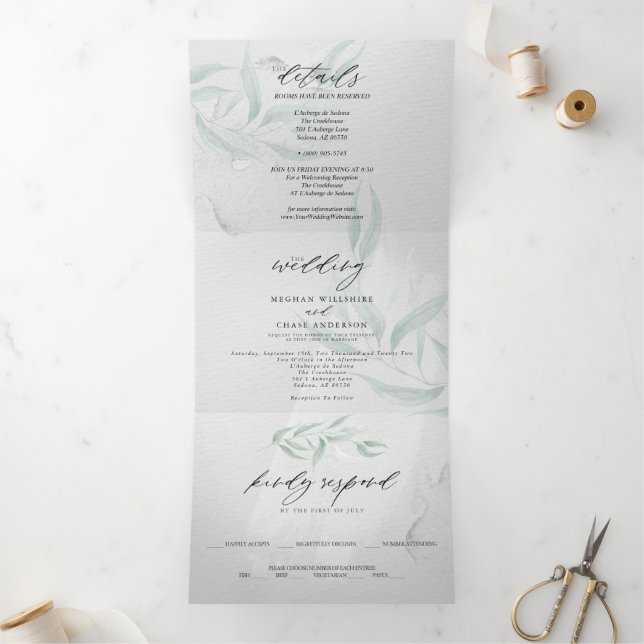 Wedding Sage Eucalyptus Grey Watercolor Tri-Fold  (Inside)