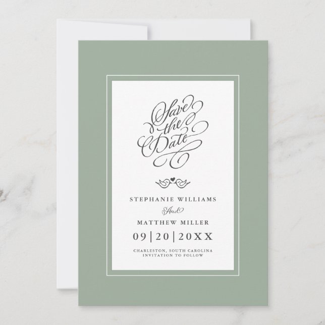 Wedding Sage Green Calligraphy Printable Digital Save The Date (Front)