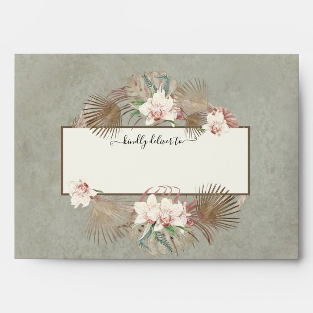 Wedding Sage Green Floral Orchid Monstera Foliage Envelope (Front)