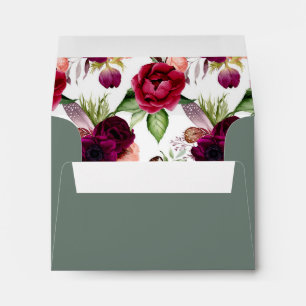 Wedding sage green florals burgundy return address envelope