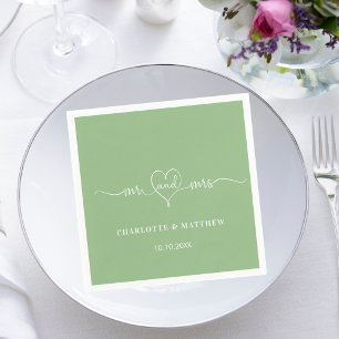 Wedding sage green mr mrs heart script simple napkin