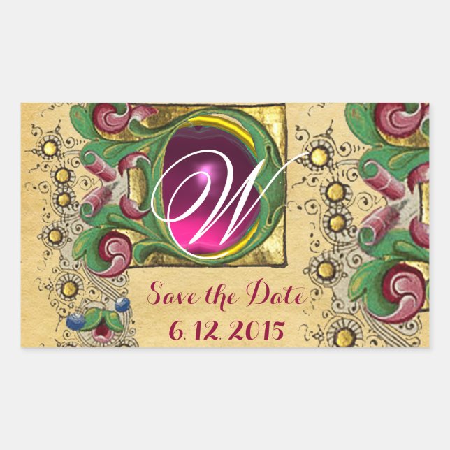 WEDDING SAVE DATE FLORAL PARCHMENT GEM MONOGRAM RECTANGULAR STICKER (Front)