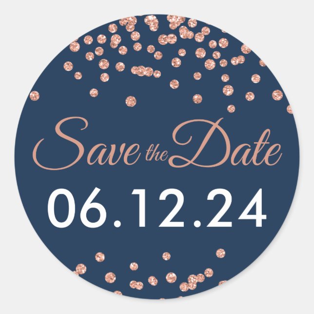 Wedding Save Date Rose Gold Glitter Confetti Navy Classic Round Sticker (Front)