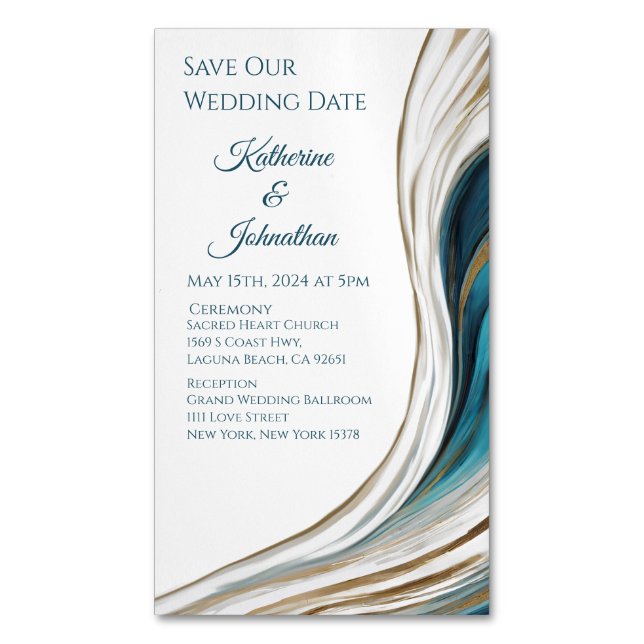 Wedding Save our Date- Modern Blue and Gold- Magnetic Business Card (Front Vertical)