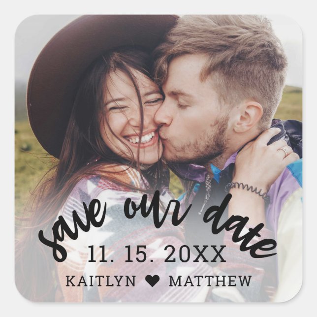 Wedding Save Our Date Photo Modern Script Monogram Square Sticker (Front)