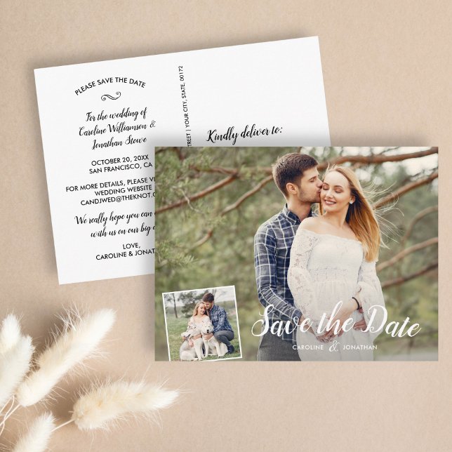 Wedding Save the Date 2 Photos White Calligraphy Postcard (Creator Uploaded)