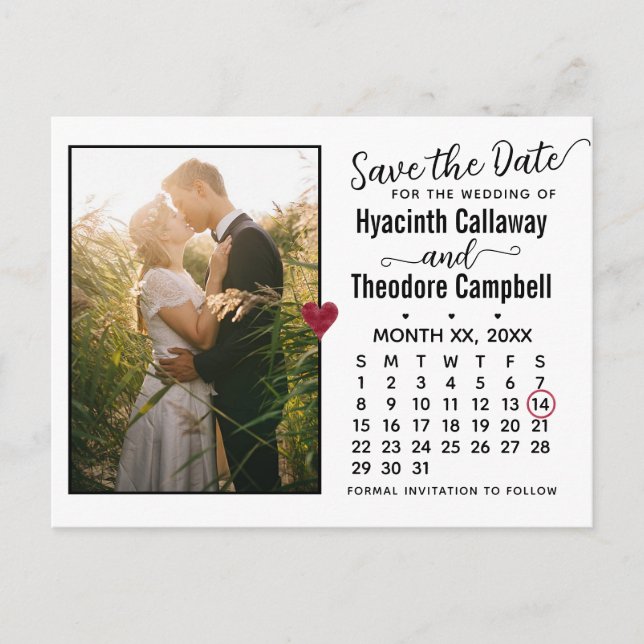 Wedding Save the Date Any Month Calendar + Photo Invitation Postcard (Front)