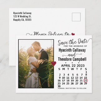 Wedding Save the Date April 2023 Calendar Photo Invitation Postcard