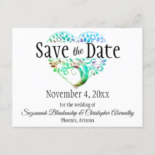 Wedding Save The Date Aqua Blue Tree Heart Custom  Announcement Postcard