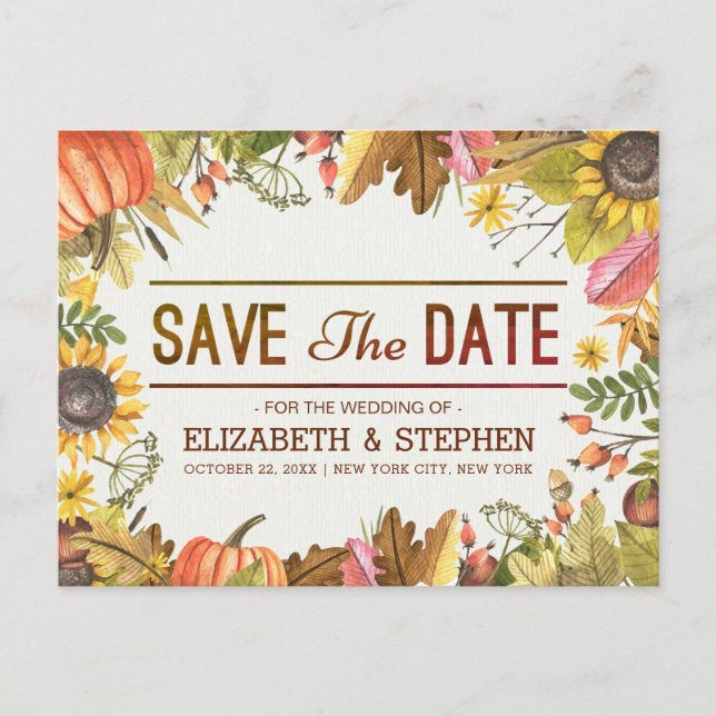 Wedding Save The Date Autumn Fall Leaves Pumpkin A Announcement Postcard (Front)