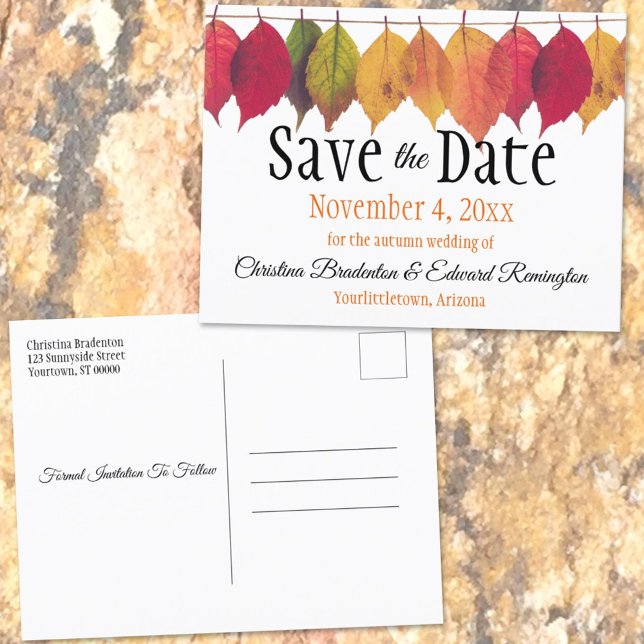Wedding Save The Date Autumn Leaves On String Announcement Postcard (Creator Uploaded)