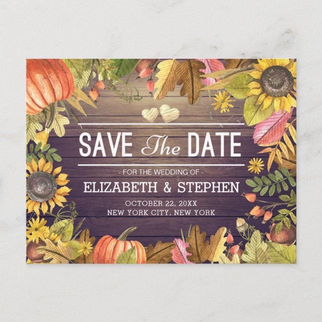 Wedding Save The Date Autumn Leaves Pumpkins Wood Announcement Postcard (Front)