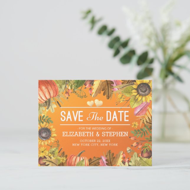 Wedding Save The Date Autumn Maple Leaves Pumpkins Announcement Postcard (Standing Front)
