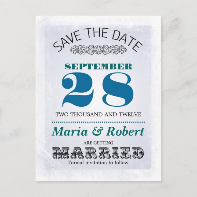 wedding save the date blue vintage postcards (Front)