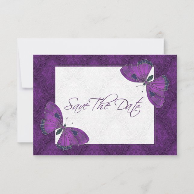Wedding Save the Date Butterfly Brocade Purple (Front)