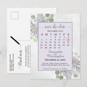 Wedding Save the Date Calendar Eucalyptus Purple Announcement Postcard