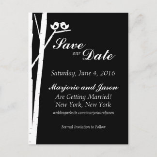 Wedding Save the Date Card Birch Tree Birds Black