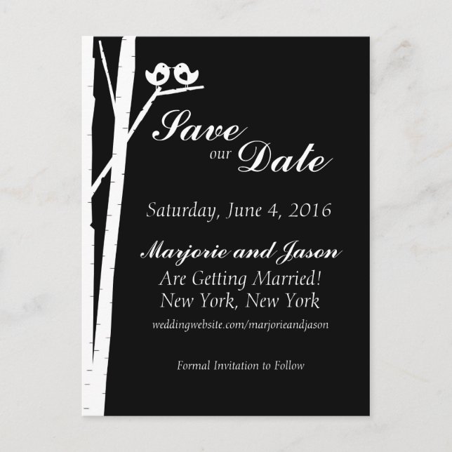 Wedding Save the Date Card Birch Tree Birds Black (Front)