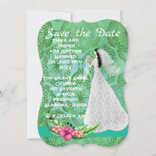 Wedding Save the Date Card in Green with Bride
