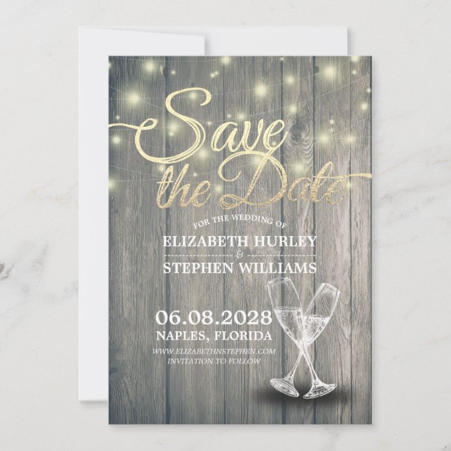 Wedding Save The Date Champagne Glasses Wood Light (Front)