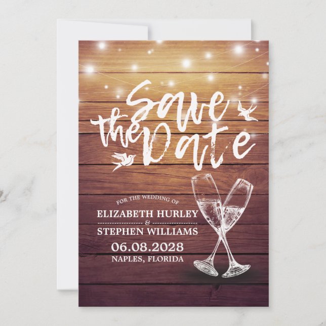Wedding Save The Date Champagne Glasses Wood Light (Front)