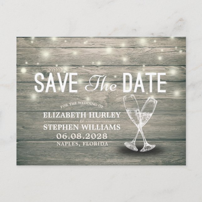 Wedding Save The Date Champagne Glasses Wood Light Announcement Postcard (Front)