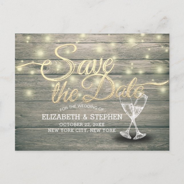 Wedding Save The Date Champagne Glasses Wood Light Announcement Postcard (Front)