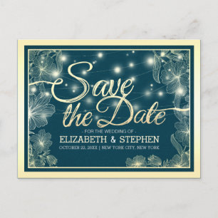 Wedding Save The Date Chic Blue Gold Flowers Light Announcement Postcard