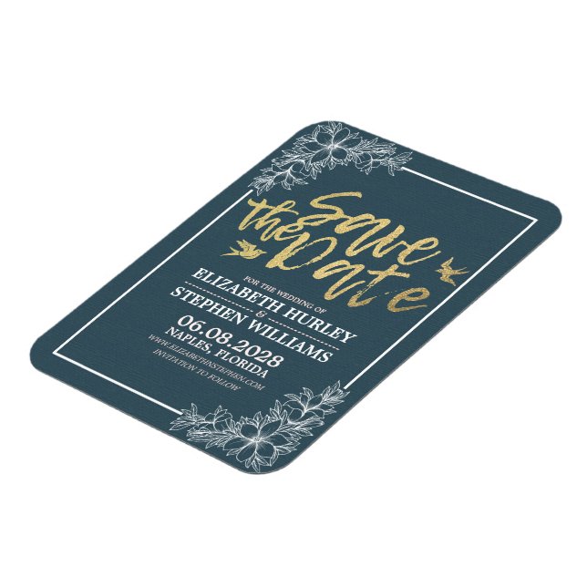 Wedding Save The Date Chic Blue Gold Script Floral Magnet (Left Side)