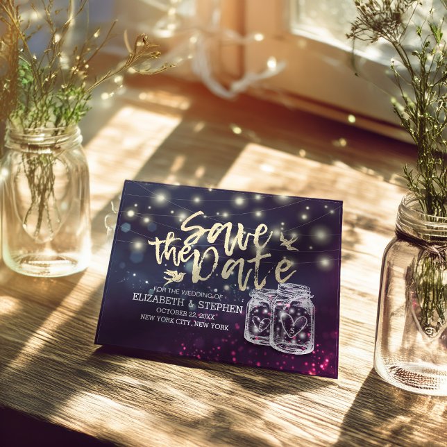 Wedding Save The Date Chic Mason Jar Purple Lights Announcement Postcard (Creator Uploaded)
