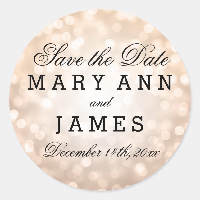 Wedding Save The Date Copper Glitter Lights Classic Round Sticker (Front)