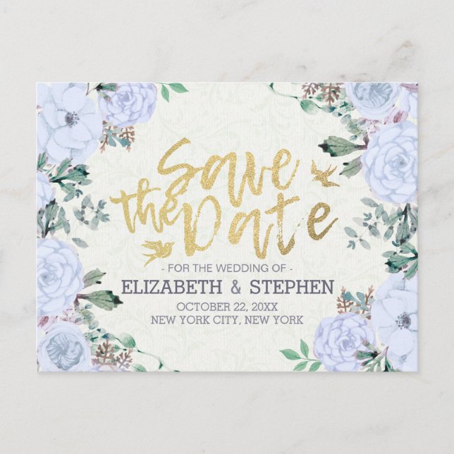 Wedding Save the Date Elegant Floral Gold Script Announcement Postcard (Front)