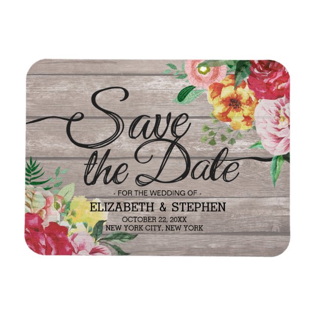 Wedding Save The Date Elegant Flowers Rustic Wood Magnet (Horizontal)