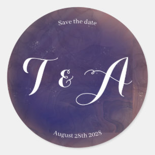 Wedding Save the Date Elegant Monogram Purple Classic Round Sticker