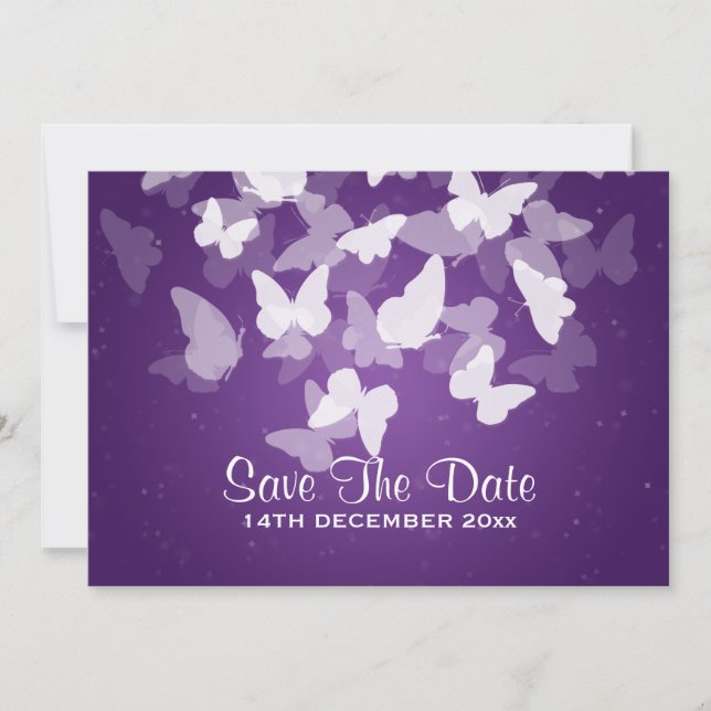 Wedding Save The Date Elusive Butterflies Purple (Front)