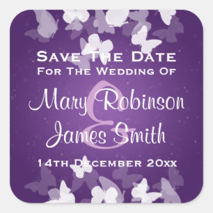 Wedding Save The Date Elusive Butterflies Purple Square Sticker