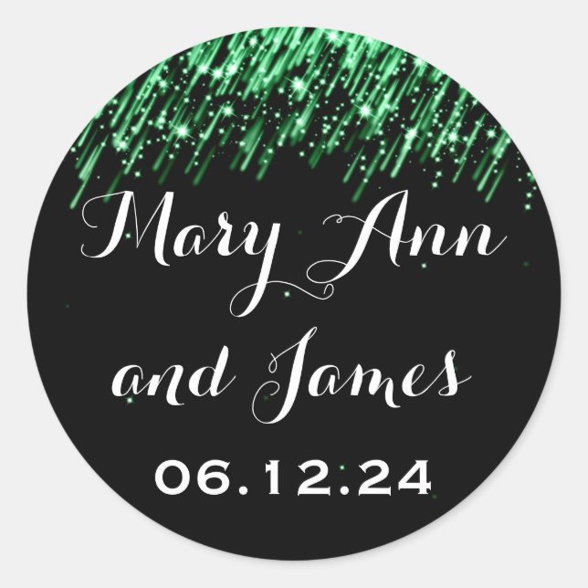 Wedding Save The Date Falling Stars Emerald Green Classic Round Sticker (Front)