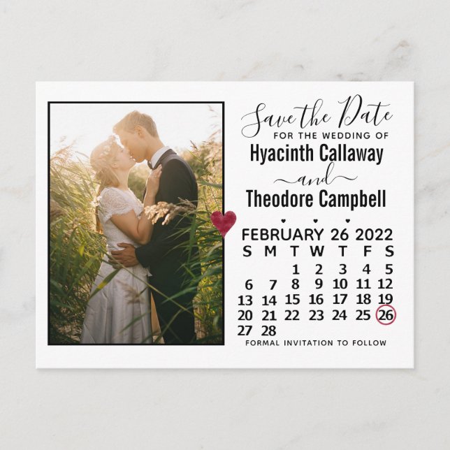 Wedding Save the Date February 2022 Calendar Photo Invitation Postcard (Front)