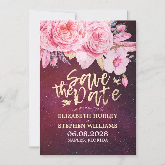 Wedding Save The Date Floral Feathers Burgundy Red (Front)