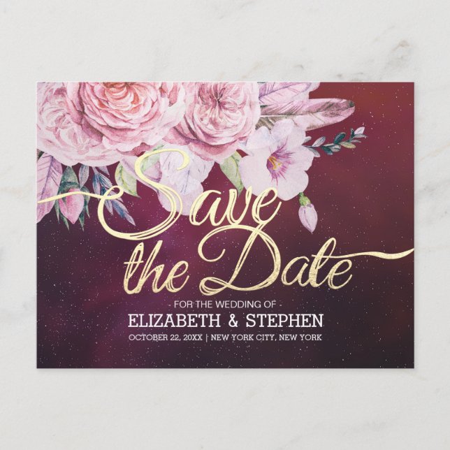 Wedding Save The Date Floral Feathers Burgundy Red Announcement Postcard (Front)