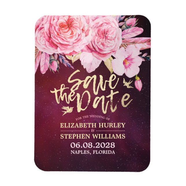 Wedding Save The Date Floral Feathers Burgundy Red Magnet (Vertical)
