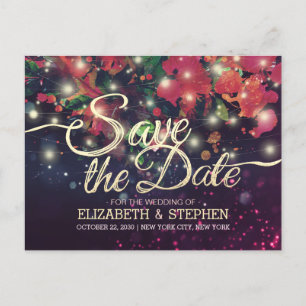 Wedding Save The Date Floral Purple String Lights Announcement Postcard
