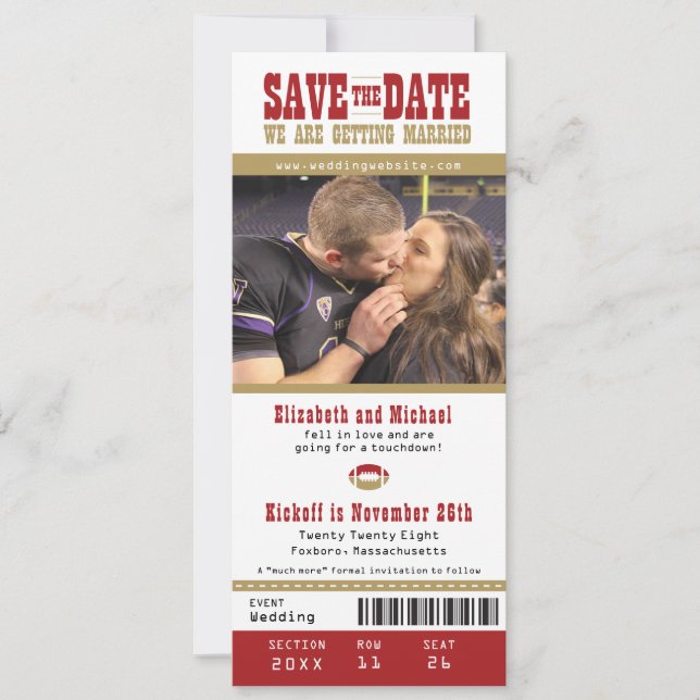 Wedding Save the Date Football Ticket (Front)