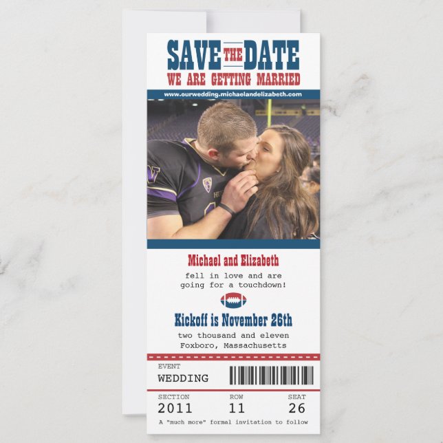 Wedding Save the Date Football Ticket (Front)