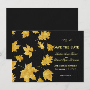 Wedding SAVE THE DATE Gold Fall Foliage Leather Invitation