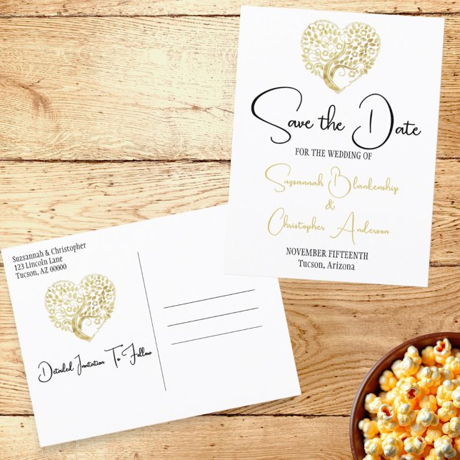 Wedding Save The Date Gold Heart Tree on White Announcement Postcard (Creator Uploaded)